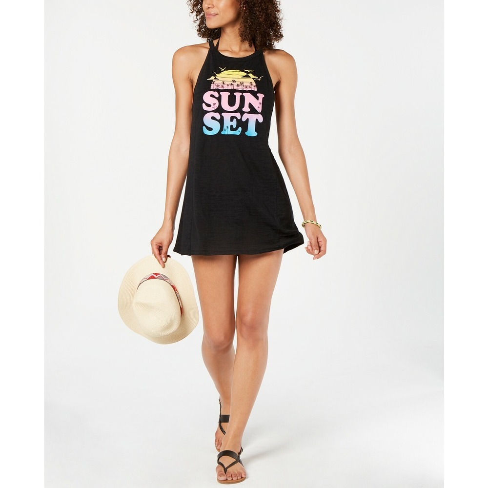 Miken Sunset Graphic Swimsuit Cover-Up Dress Women's Size Large Black NEW